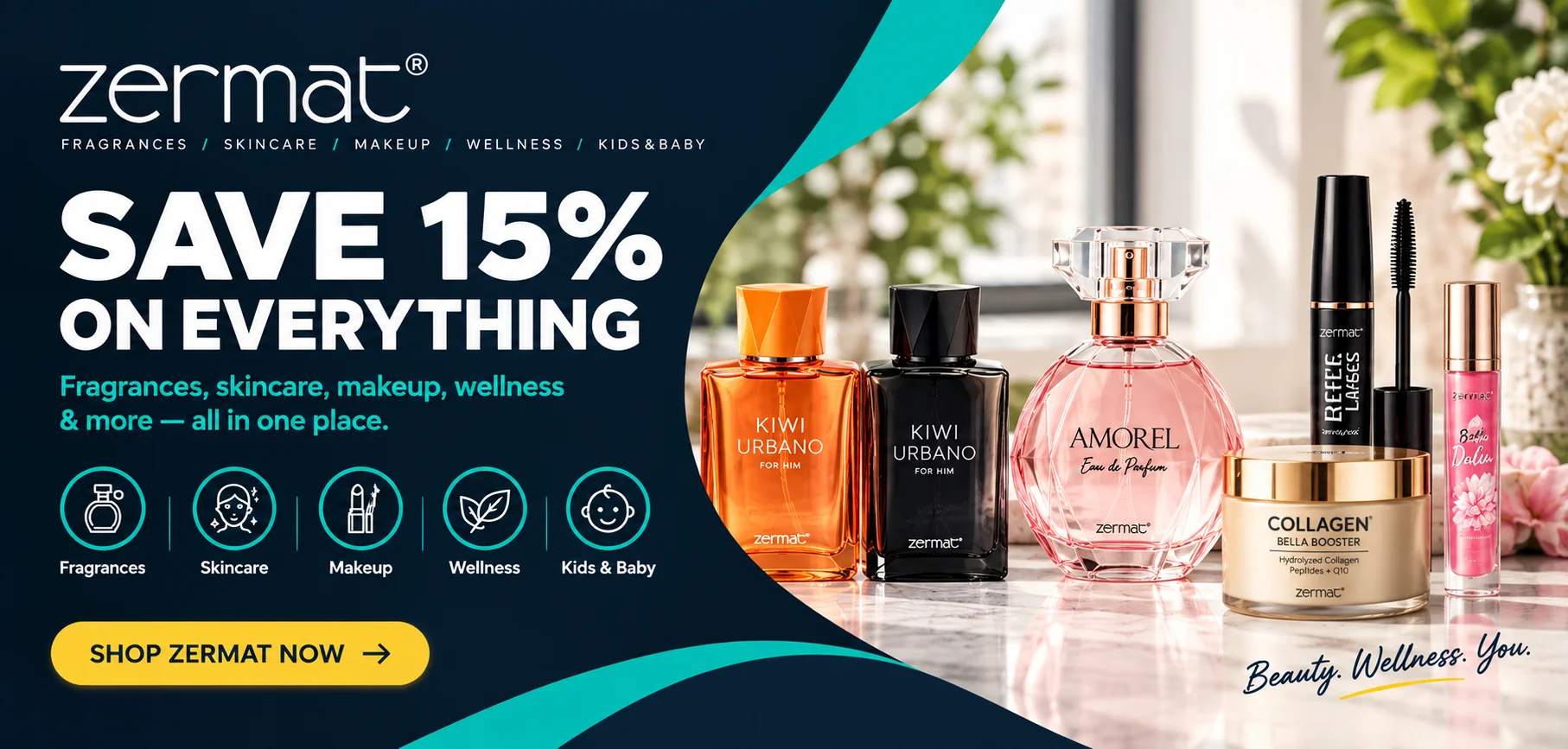 Zermat USA fragrance and skincare products including Kiwi Urbano perfume and Collagen Bella Booster