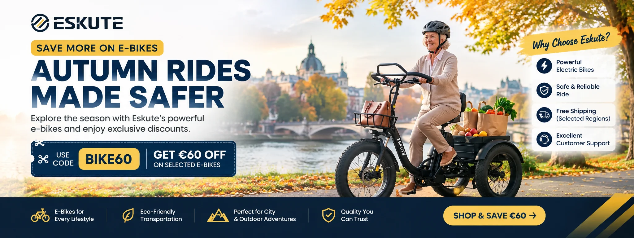 Eskute electric bike riding off-road with Nova X promotional banner