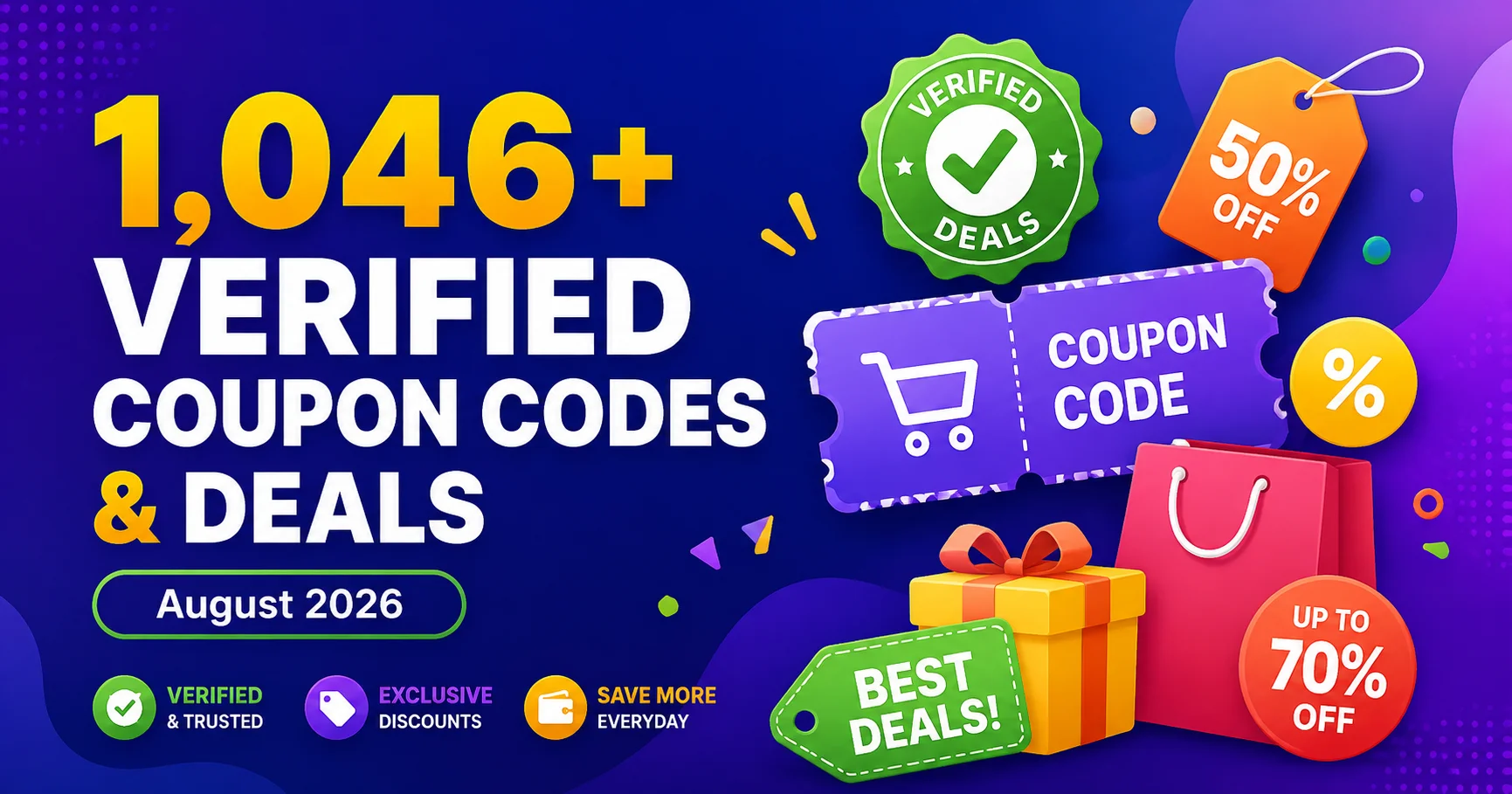 Banner showing 1,046+ verified coupon codes and discount deals from top online stores – DiscountCouponsPress, August 2026