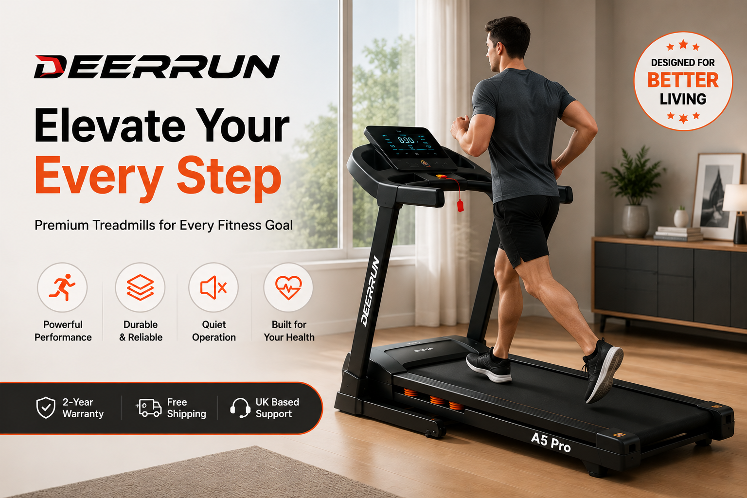 Compact DeerRun treadmill in a modern home setting, designed for walking, running, and everyday fitness.