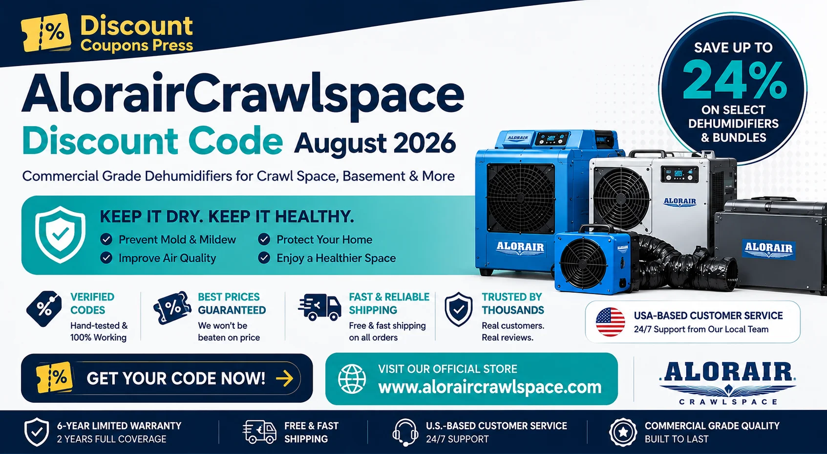 AlorairCrawlspace discount codes and coupons for crawl space and basement dehumidifiers – DiscountCouponsPress, August 2026
