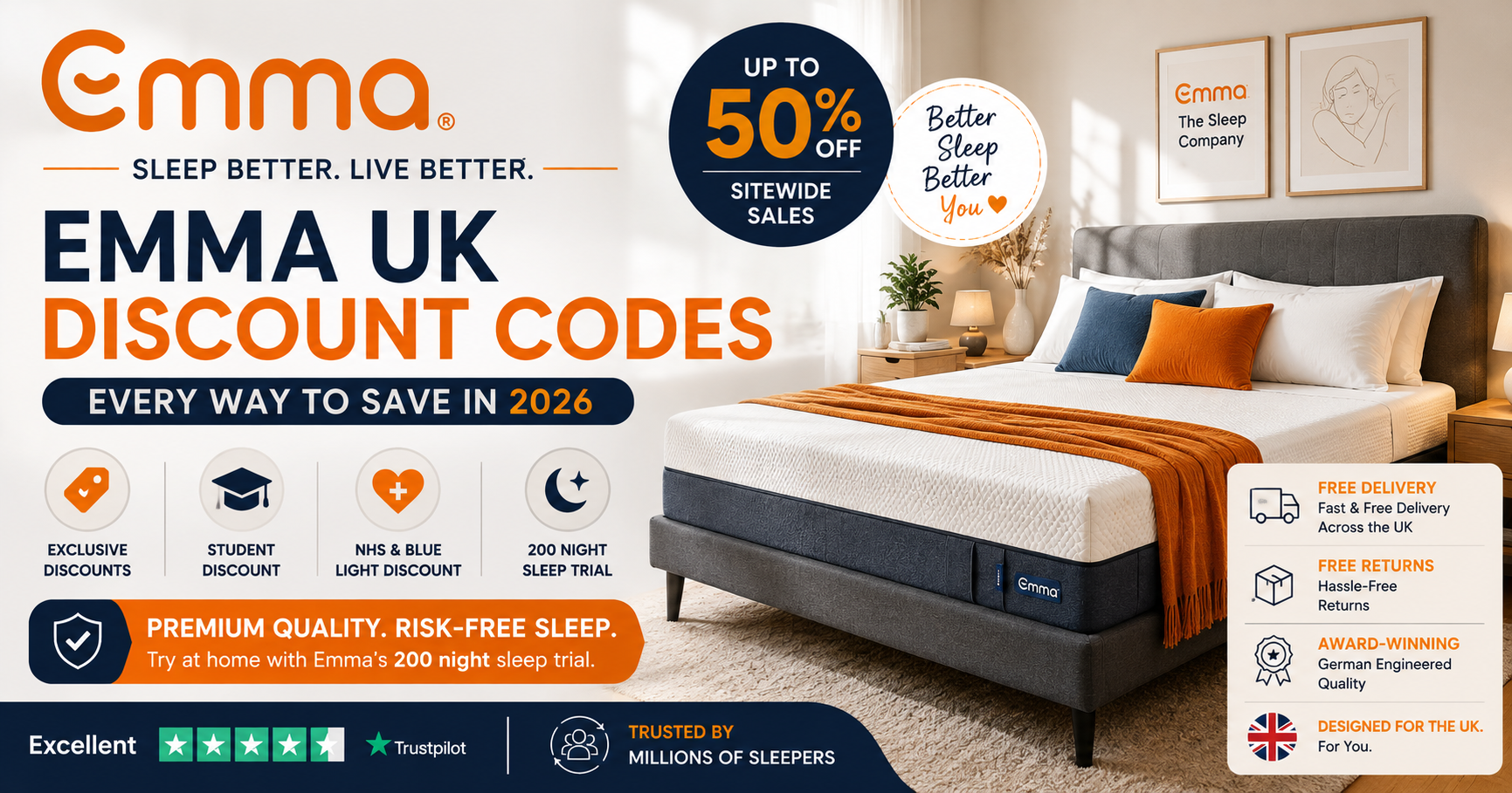 Emma UK, Emma Mattress, Emma Discount Code, Emma Voucher, Student Discount, NHS Discount, Mattress Sale, Black Friday Mattress, Sleep Trial, Bedroom Deals