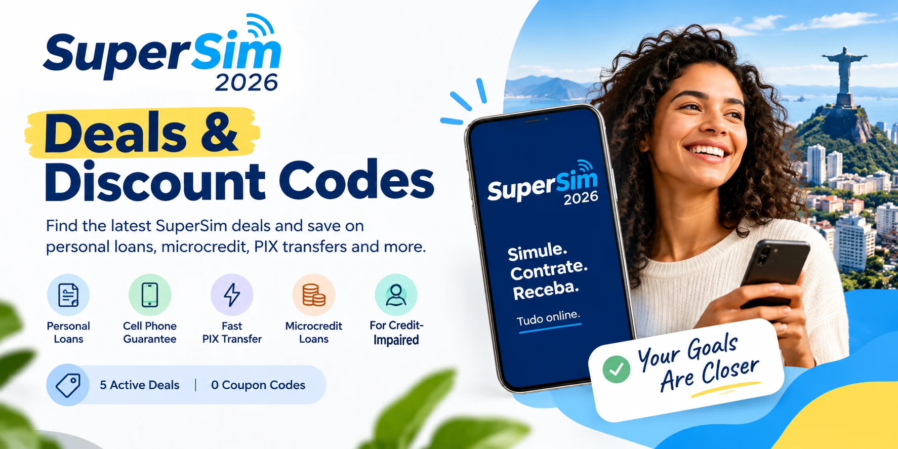 SuperSim 2026 deals and discount codes banner featuring personal loans, microcredit, PIX transfers, and 5 active deals.