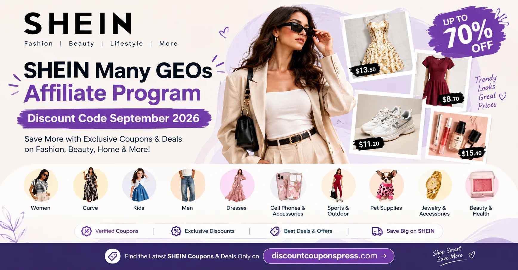 SHEIN online store homepage showing women's fashion, dresses and category icons, featured on the Discount Coupons Press SHEIN discount code page