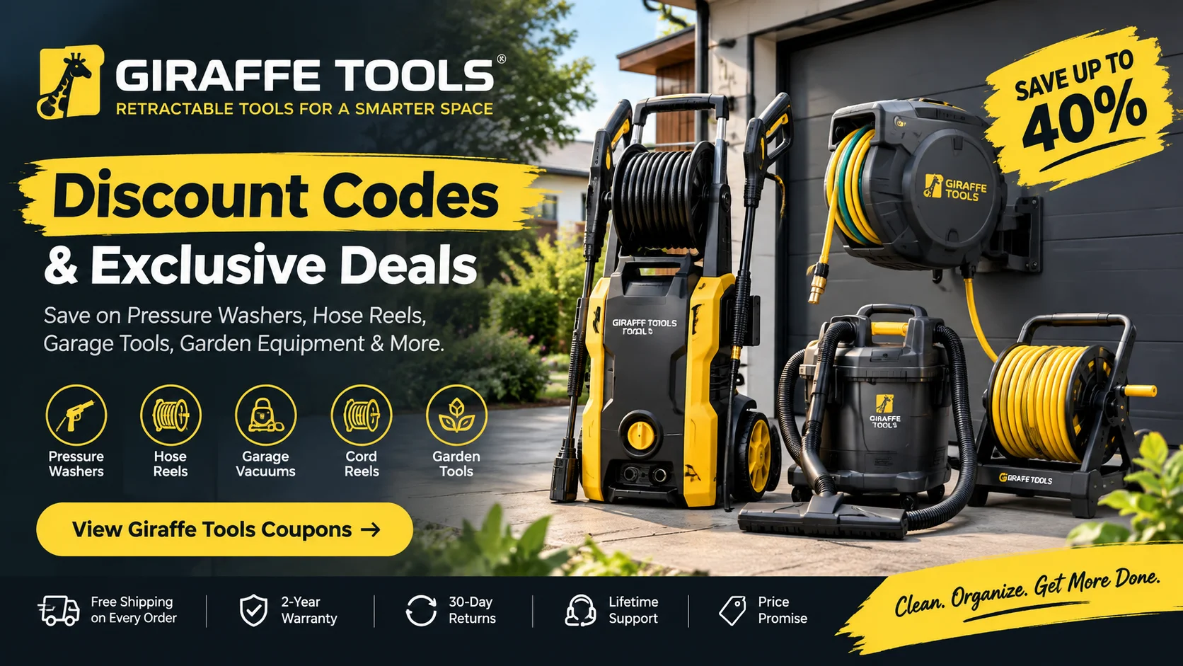Giraffe Tools discount codes and deals for pressure washers, retractable hose reels, garage and garden equipment