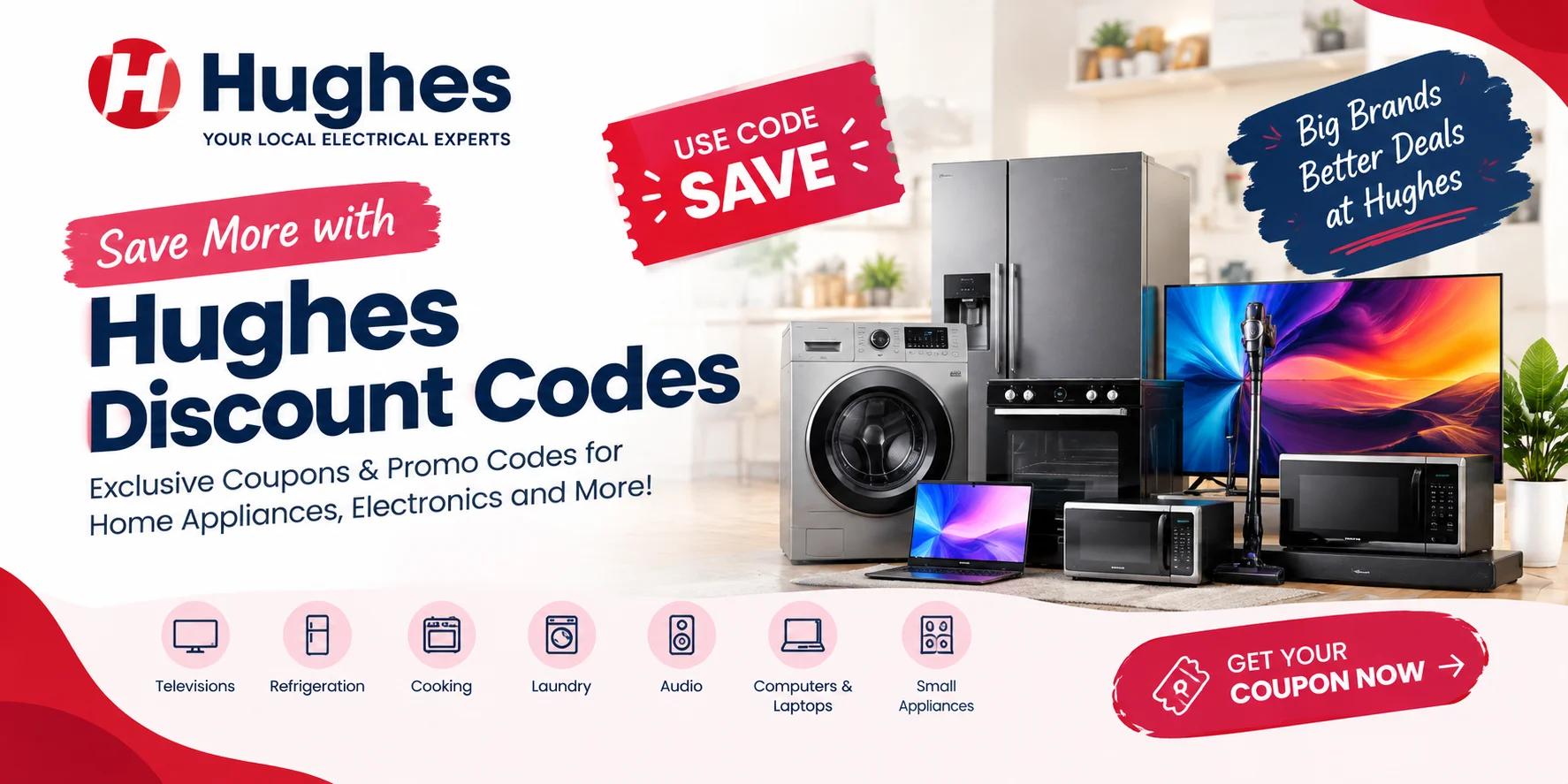 Hughes Flash Sale banner showing up to £200 off appliances and TVs