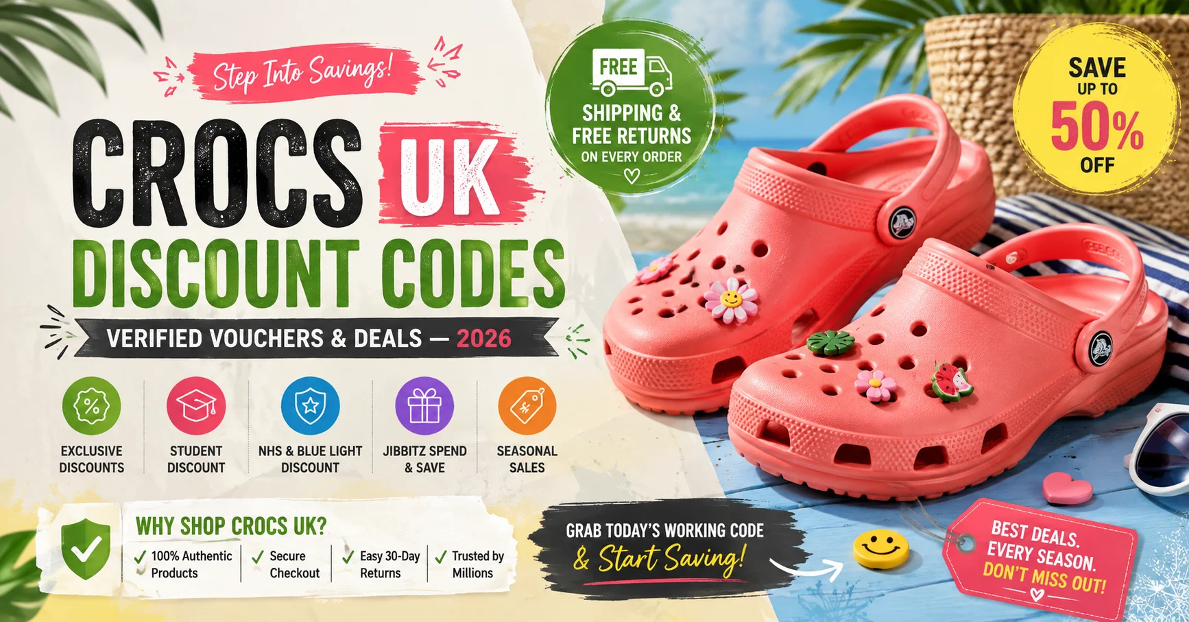 Crocs UK deal button — up to 50% off with free shipping, verified discount code offer
