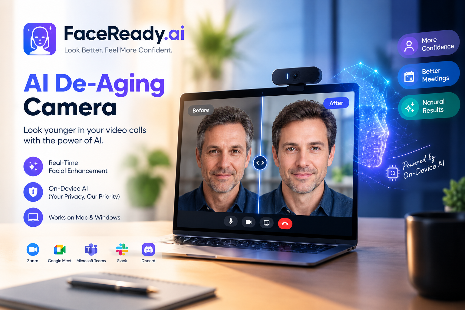 FaceReady AI de-aging camera for enhancing appearance during live video calls