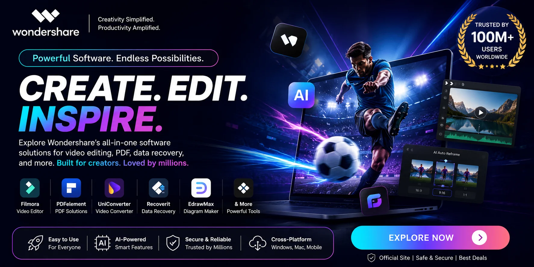 Wondershare software review banner featuring Filmora, PDFelement, UniConverter, Recoverit, and EdrawMax with AI-powered creative tools, video editing solutions, and productivity software for creators and professionals.