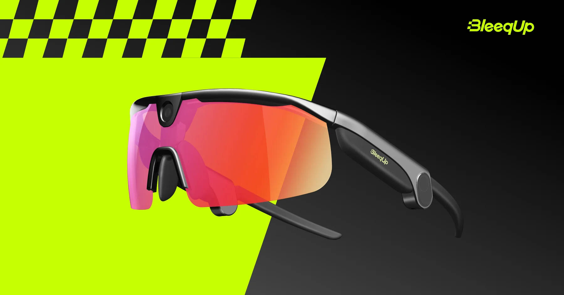 BleeqUp AI sports camera glasses with 3K video recording, AI stabilization, and open-ear audio
