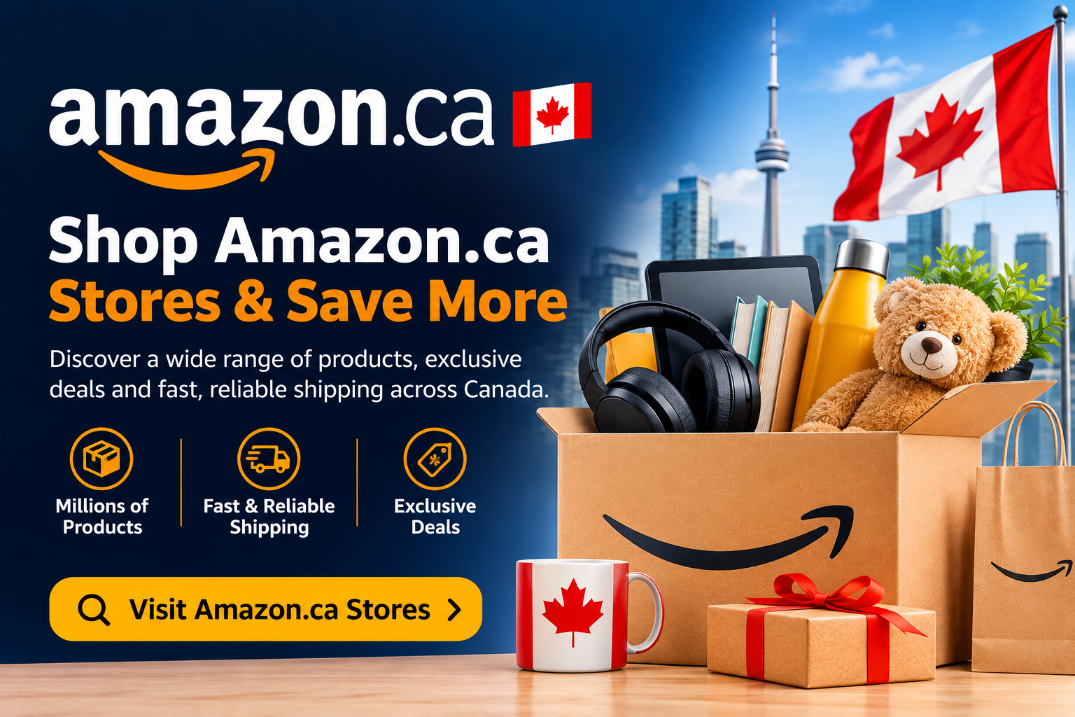 Amazon Canada online shopping marketplace featuring electronics, fashion, beauty, home and kitchen products, books, toys, groceries, sports products, and more.