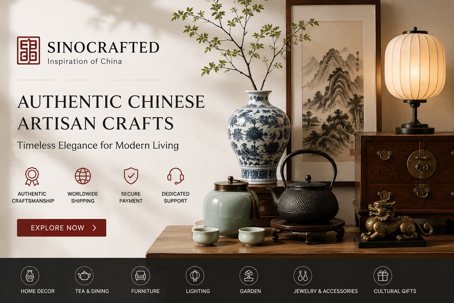 SinoCrafted online store featuring handcrafted Chinese embroidered handbags, silk scarves, Suzhou embroidery artwork, Ronghua accessories, ornaments, and cultural gifts.