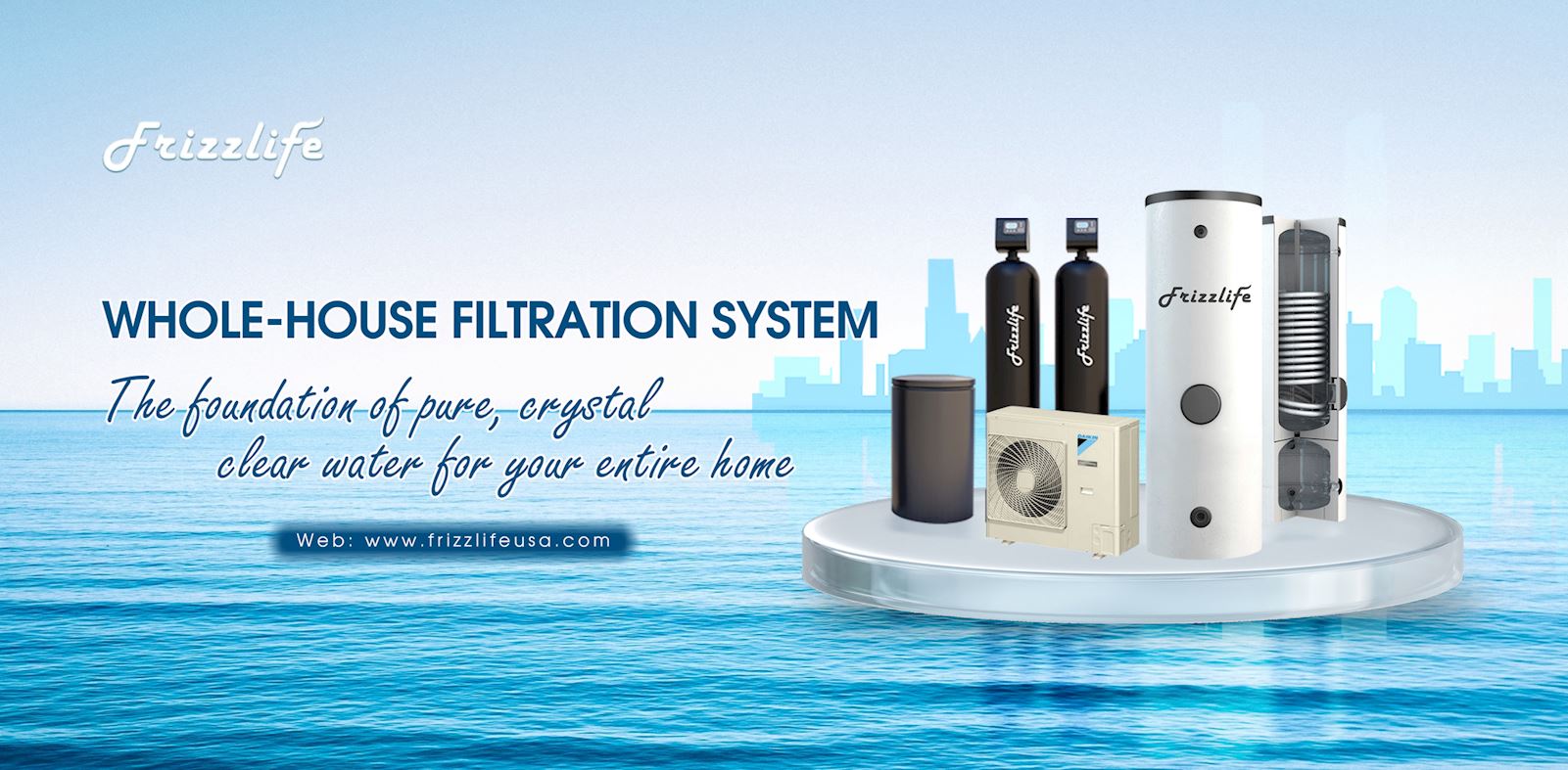 Frizzlife home water filtration collection featuring reverse osmosis systems, under-sink filters, countertop filters, water pitchers, replacement cartridges, and filtration accessories.