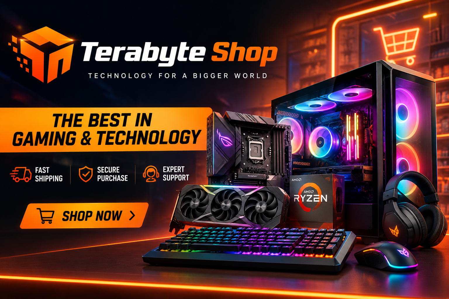 TerabyteShop online store featuring PC gaming computers, computer hardware, graphics cards, processors, SSDs, notebooks, monitors, gaming peripherals, and accessories.