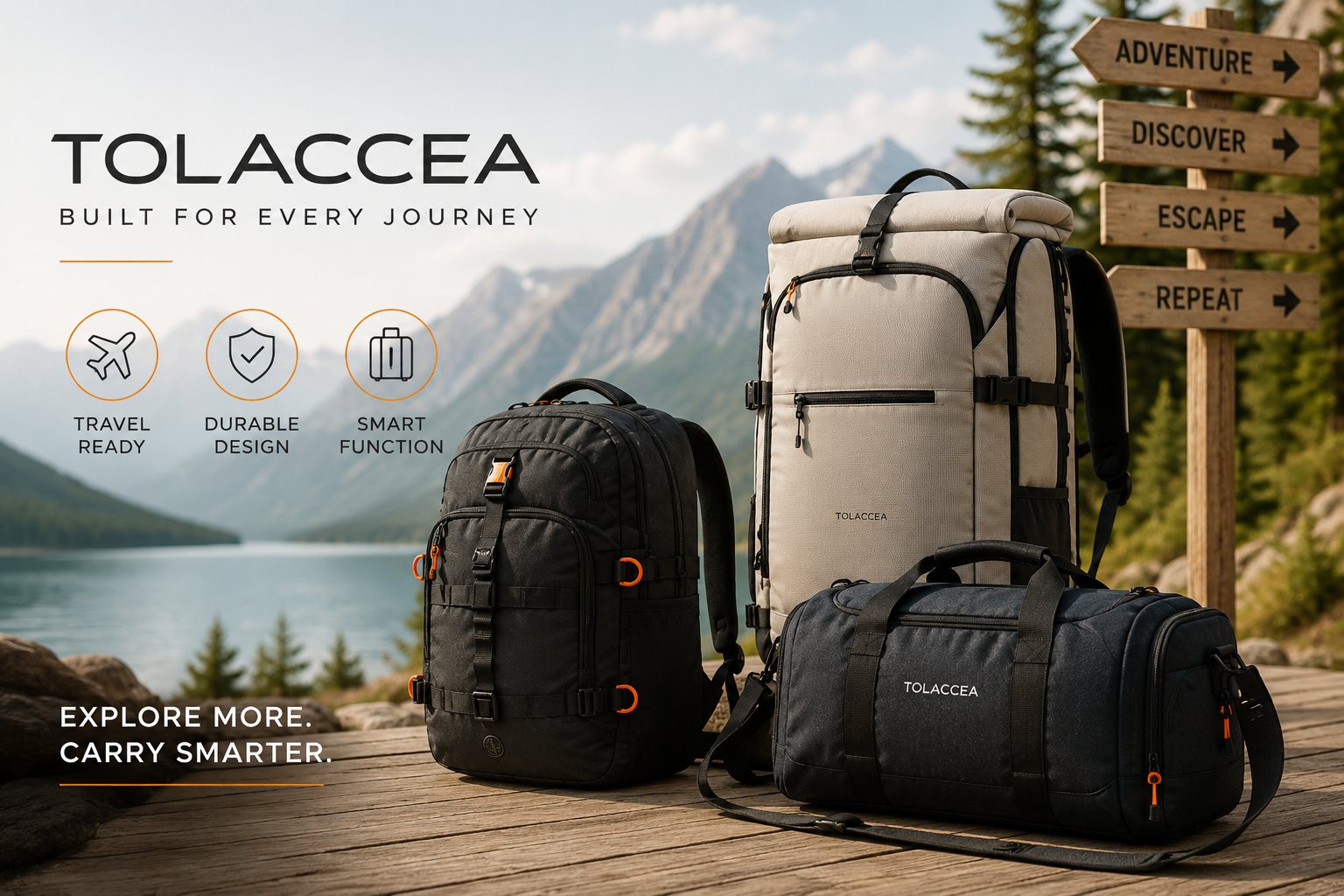 Tolaccea online store featuring travel backpacks, laptop bags, duffel bags, packing organizers, and hot & cold therapy products.