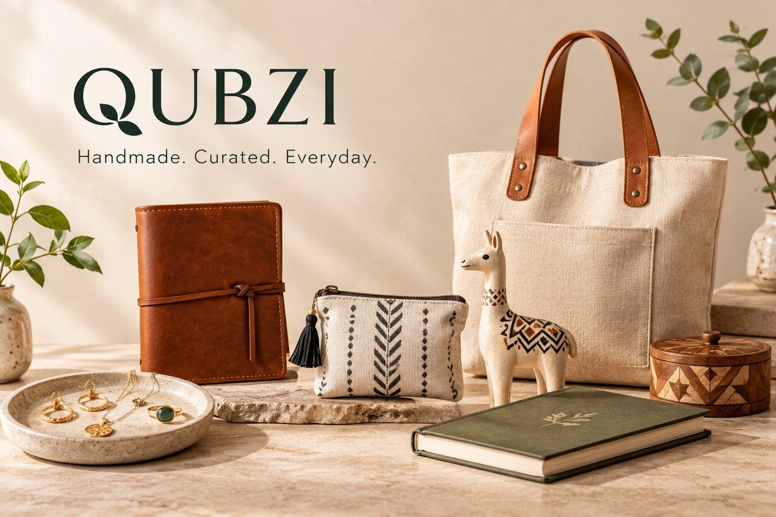 QUBZI curated collection of handmade and artisan goods including bags, pottery, jewelry, pouches, wallets, and unique accessories.