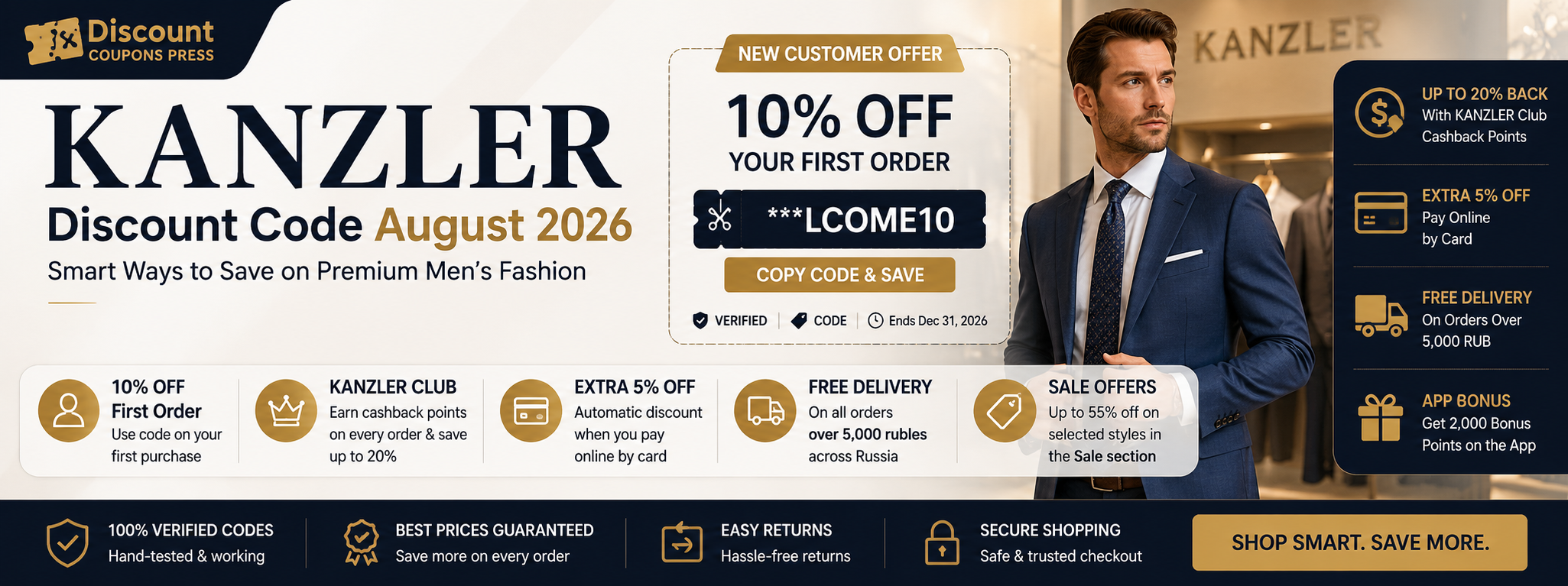 KANZLER online fashion store featuring men's and women's clothing, suits, shirts, trousers, dresses, footwear, sportswear, outerwear, and accessories.