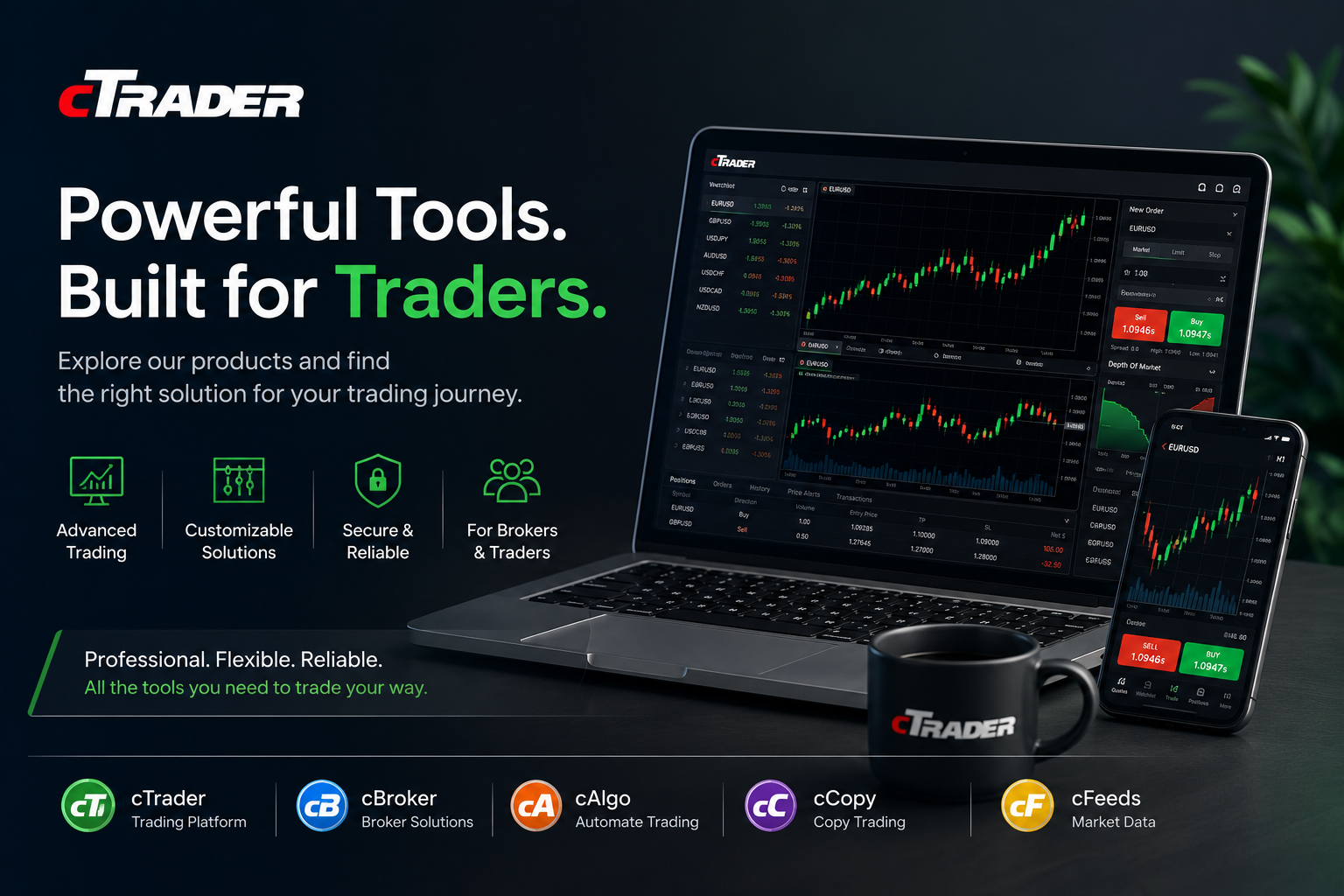 cTrader trading platform featuring advanced charting, automated cBots, technical indicators, trading plugins, copy trading strategies, and professional forex and CFD trading tools.
