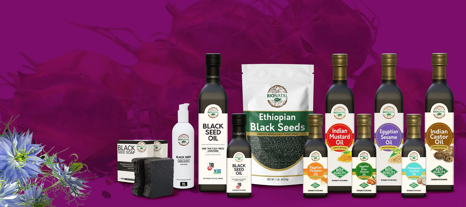 BioNatal black seed oil and natural wellness products including cold-pressed seed oils, herbs, sea moss, seeds, and natural cosmetics.