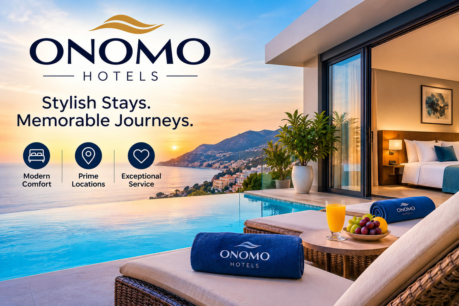 ONOMO Hotels online booking platform featuring contemporary hotels, African destinations, restaurants, bars, meeting spaces, and travel accommodations across Africa.