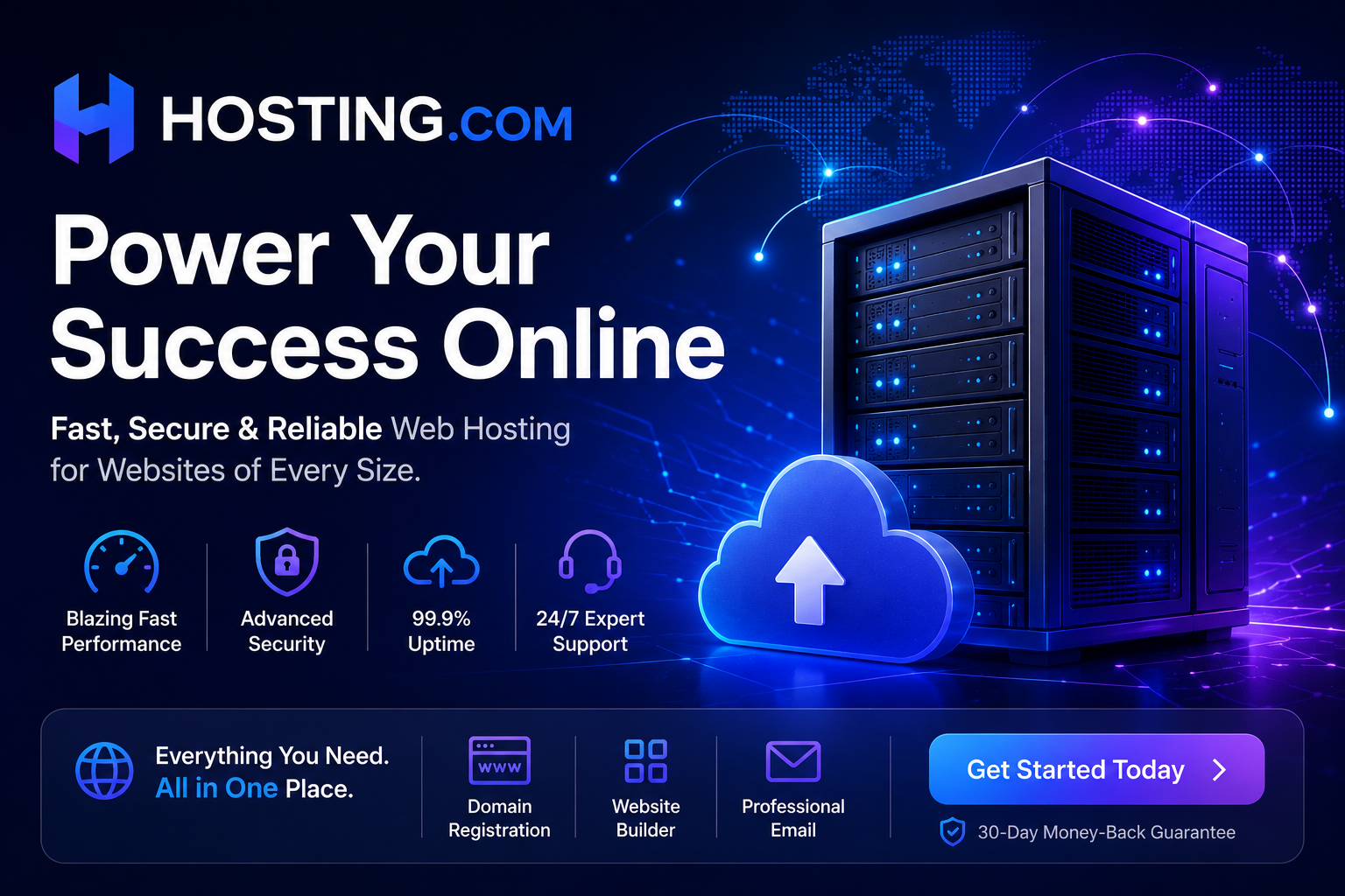Hosting.com web hosting platform featuring web hosting, managed WordPress hosting, VPS, VDS, dedicated servers, domain registration, reseller hosting, and website services.