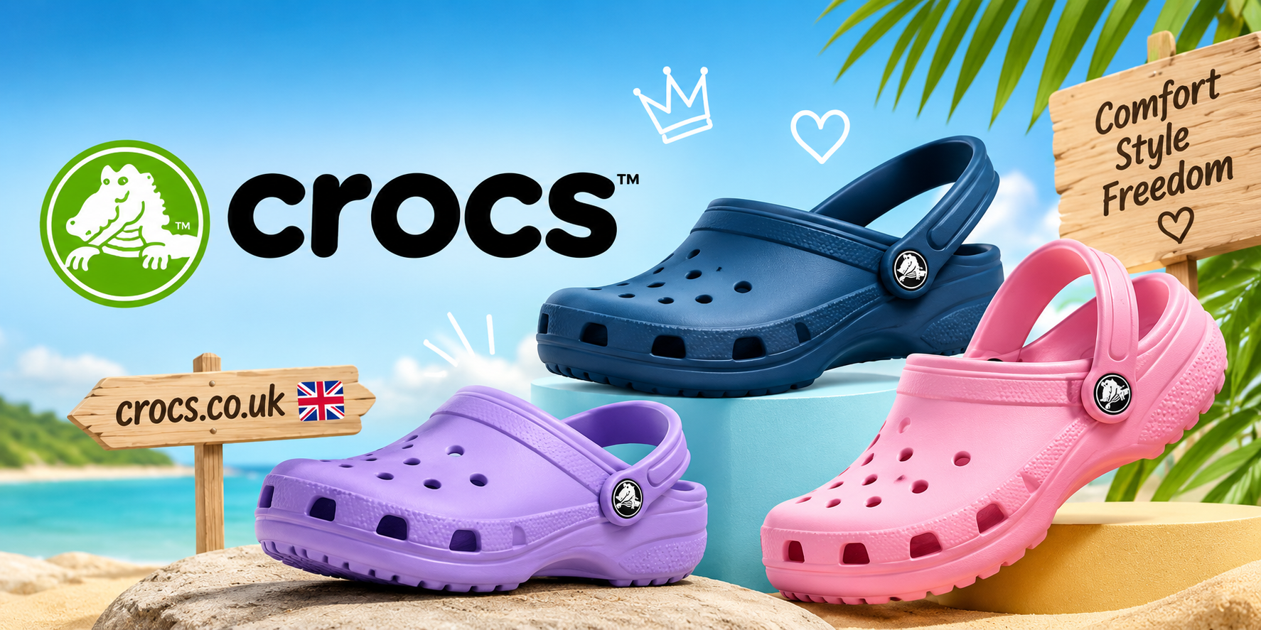 Crocs UK online store featuring Classic Clogs, sandals, shoes, sneakers, boots, Jibbitz charms, bags, and accessories for men, women, and kids.