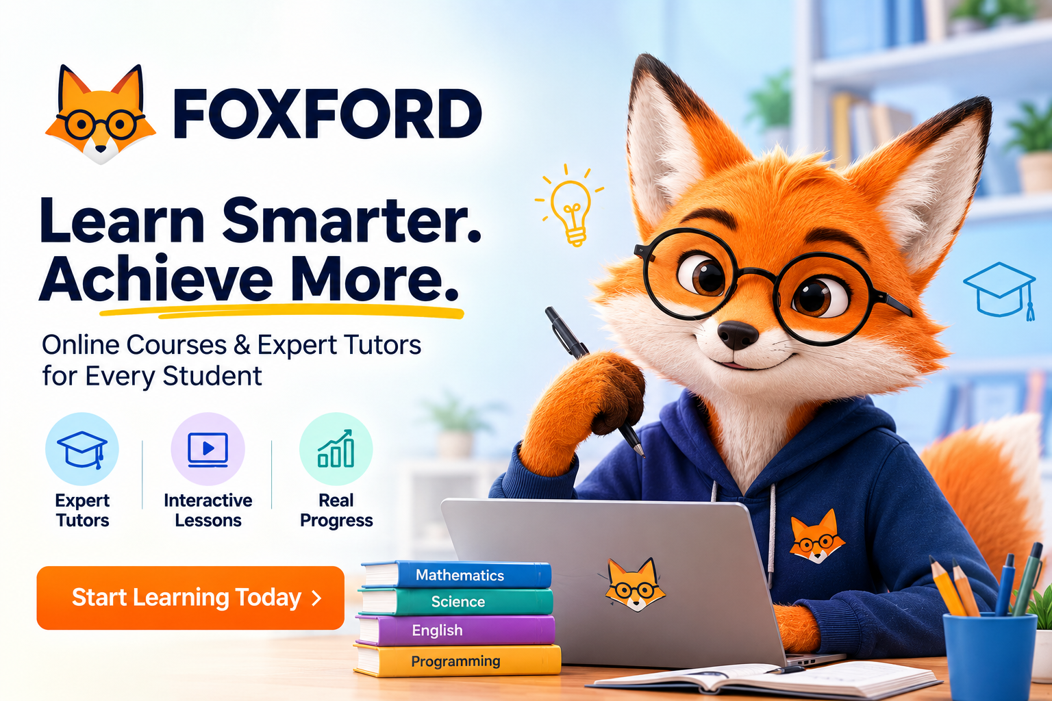 Foxford online education platform featuring online courses, tutoring, exam preparation, programming, language learning, school subjects, and educational programs for children and students.