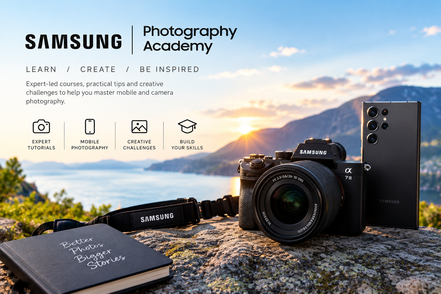 Samsung Photography Academy official online platform featuring mobile photography courses, video editing masterclasses, and camera technique tutorials.