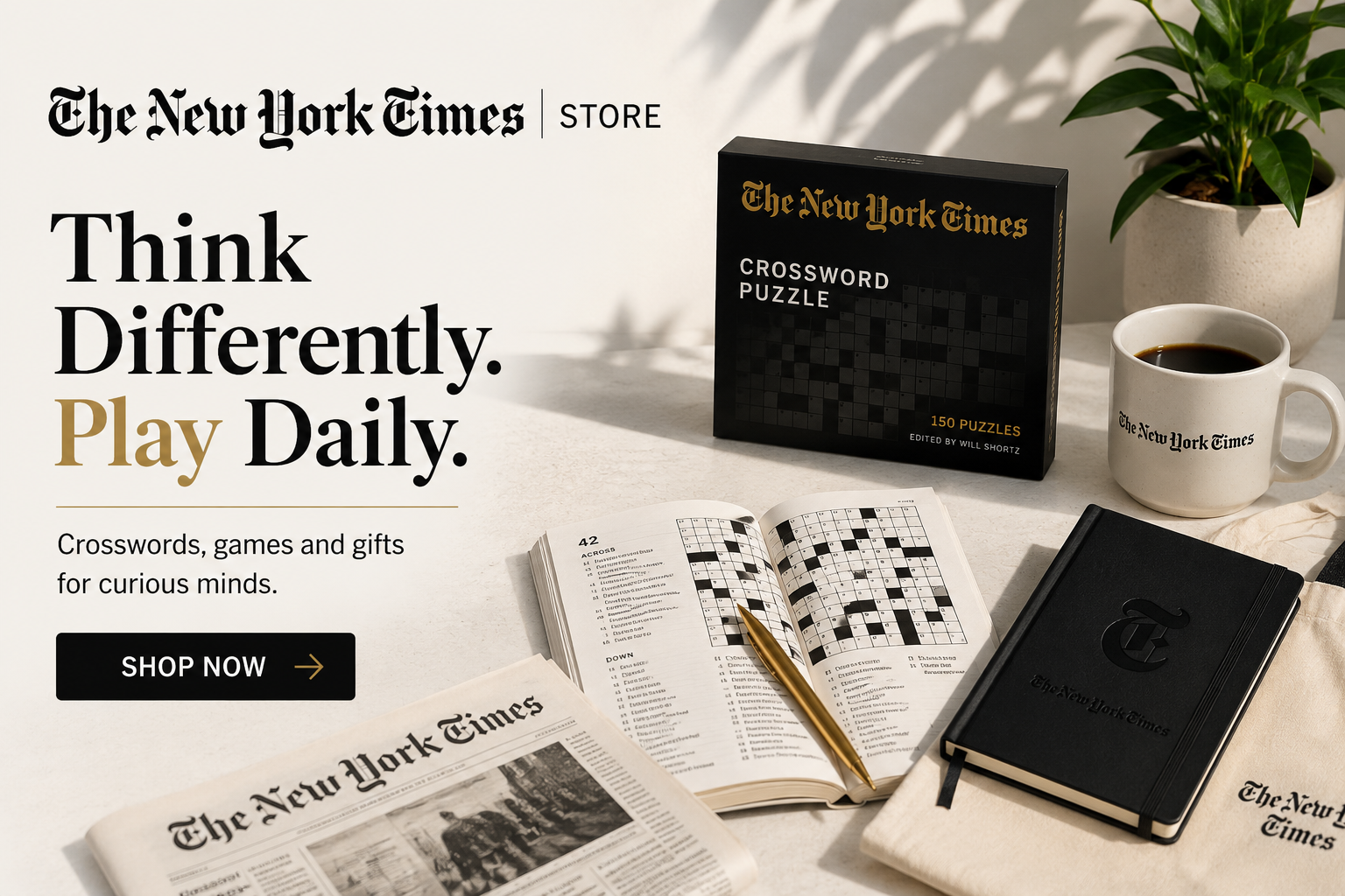 The New York Times Store collection featuring official apparel, books, personalized gifts, photography prints, crossword merchandise, and exclusive collectibles.
