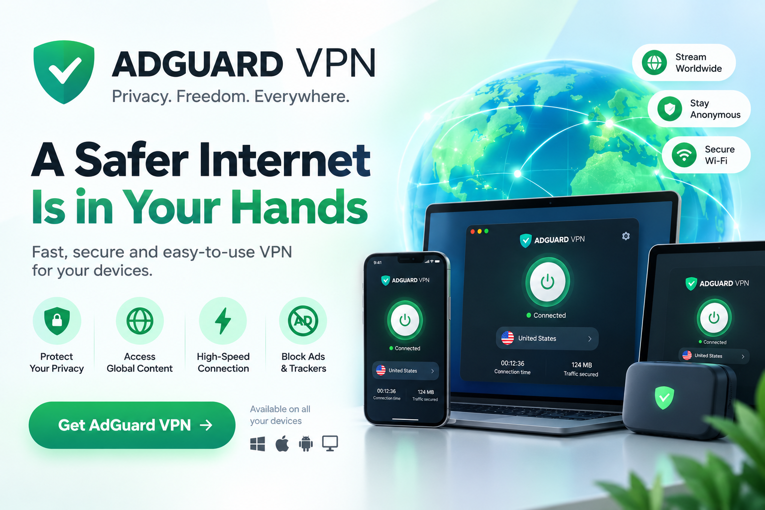 AdGuard VPN online security service offering encrypted VPN connections, privacy protection, multiple server locations, and support for multiple devices.