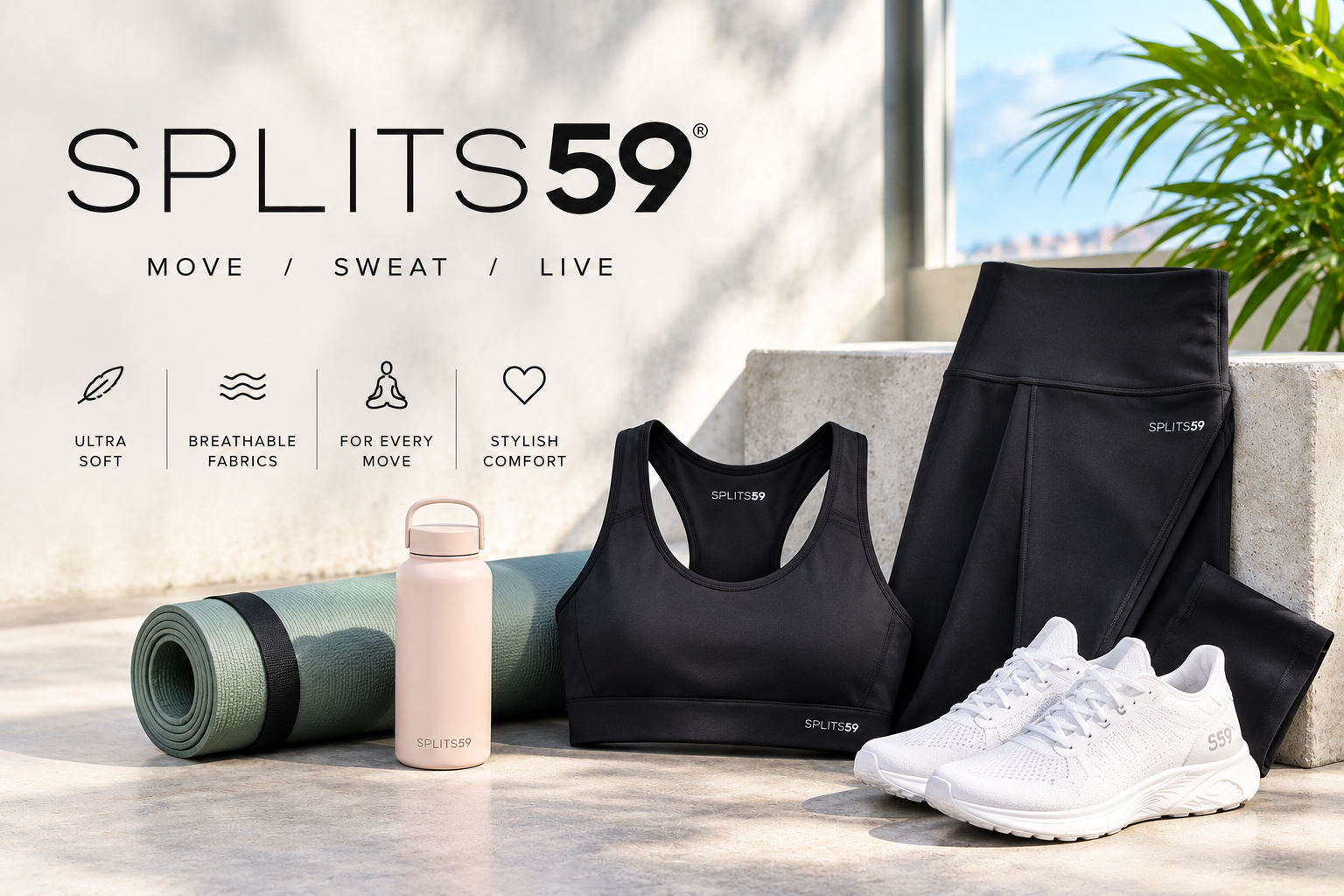 Splits59 official online store displaying luxury women's activewear, color-blocked performance leggings, sports bras, and retro athleisure collections.