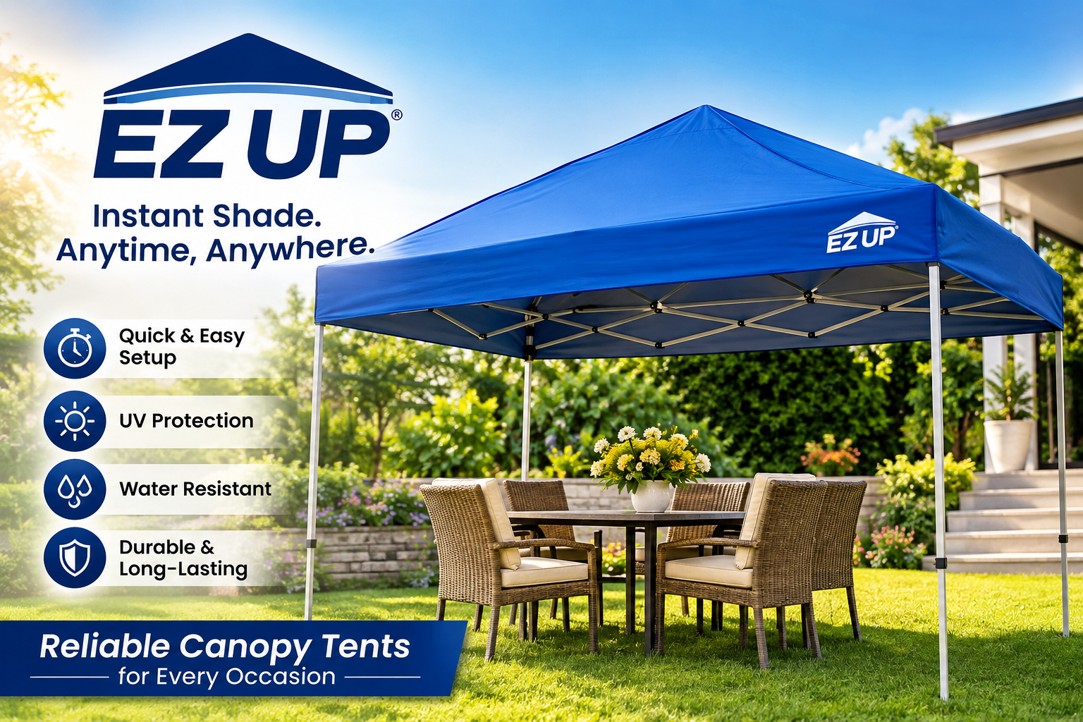 E-Z UP online store featuring pop-up canopy tents, outdoor shelters, camping gear, tables, chairs, custom canopies, flags, signage, lighting, and outdoor accessories.
