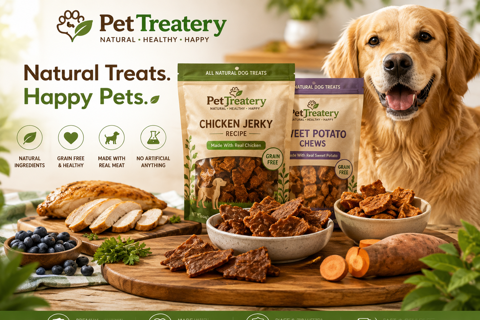 The Granville Island Pet Treatery premium all-natural pet treats featuring freeze-dried proteins, dehydrated snacks, functional supplements, and healthy rewards for dogs and cats.