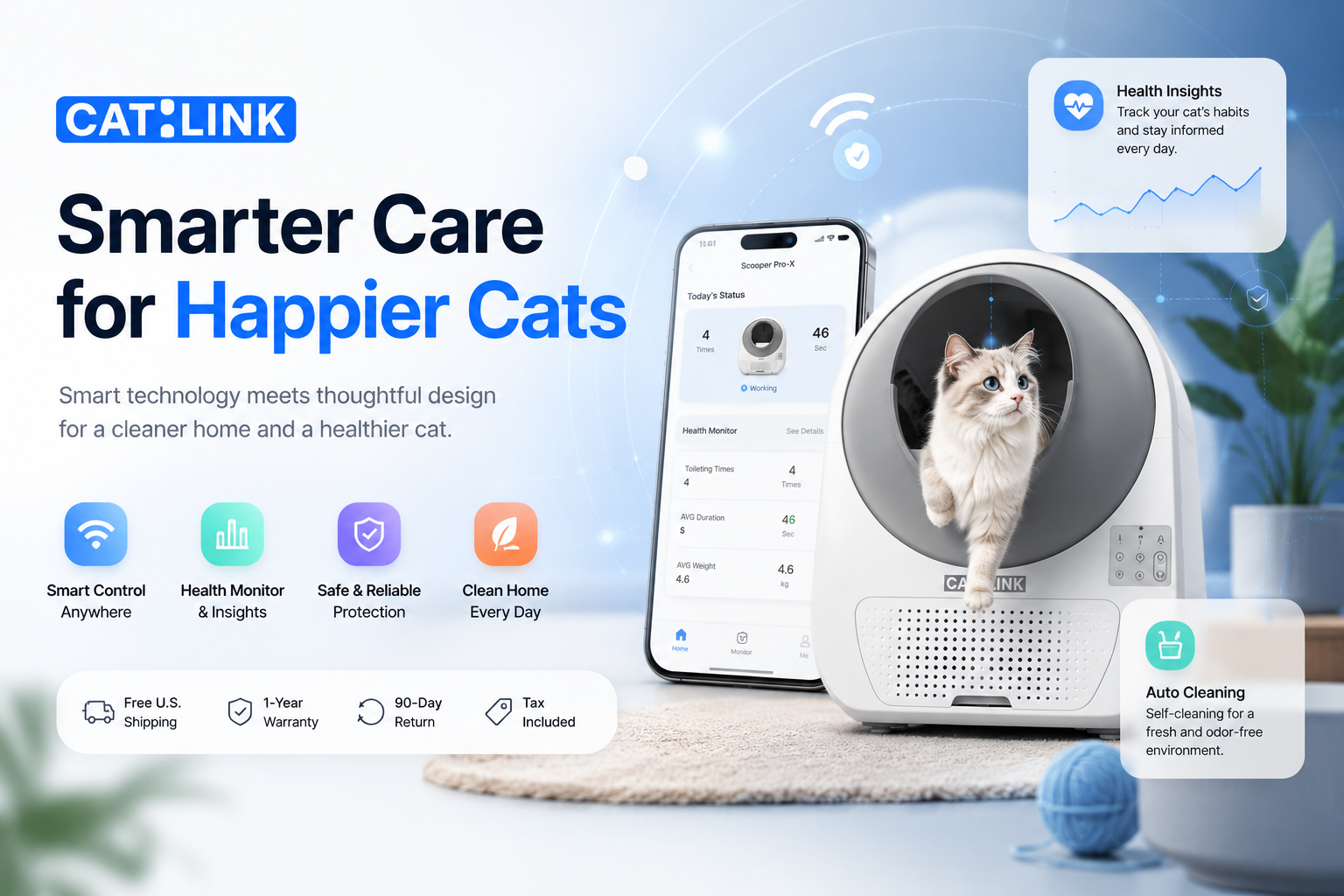 CATLINK smart pet care system with a self-cleaning litter box, automatic pet feeder, and AI water fountain for cleaner, healthier, and more convenient cat care.