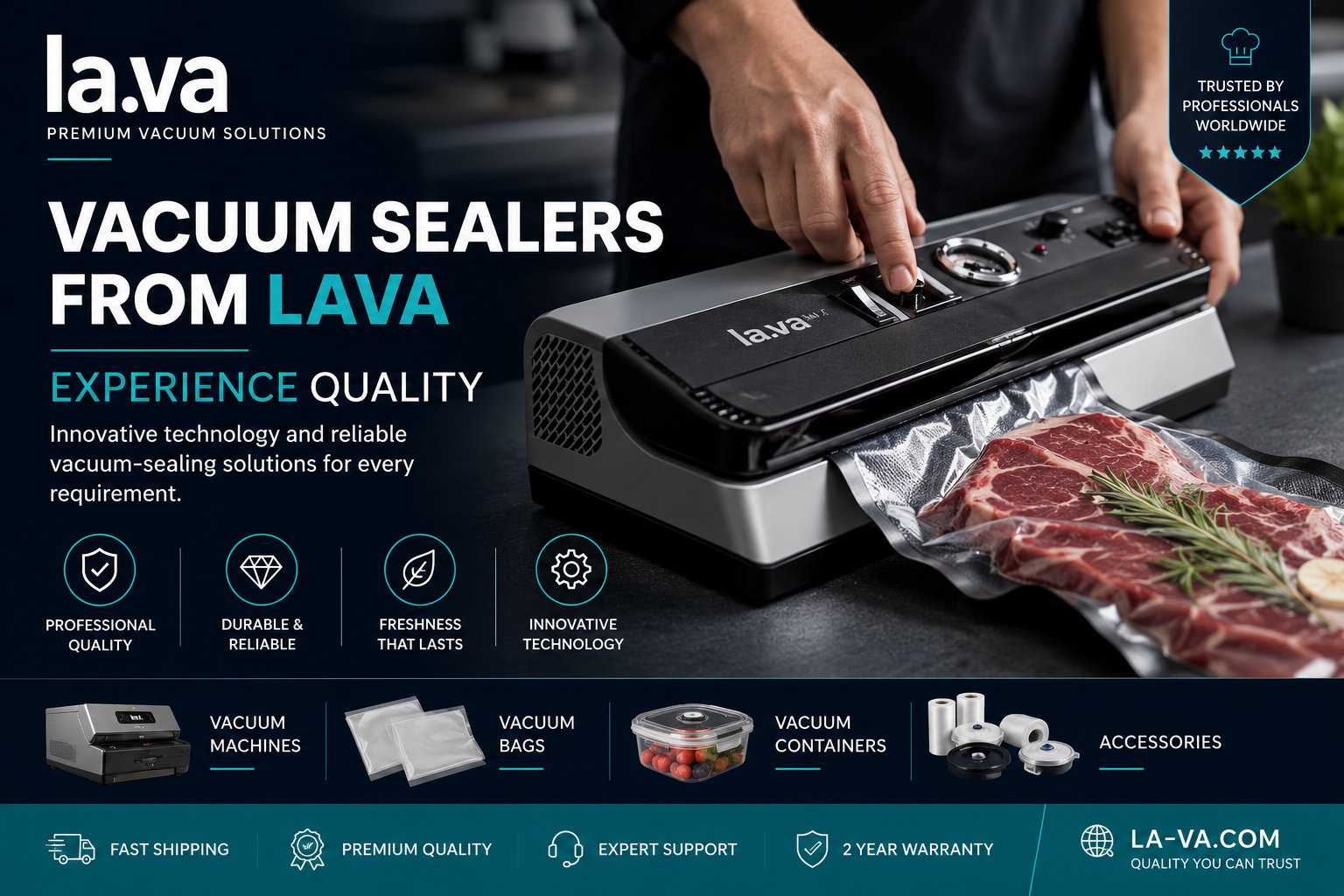LA.VA premium vacuum sealing system featuring professional vacuum sealers, vacuum bags, food preservation solutions, and sous vide accessories for home and commercial kitchens.
