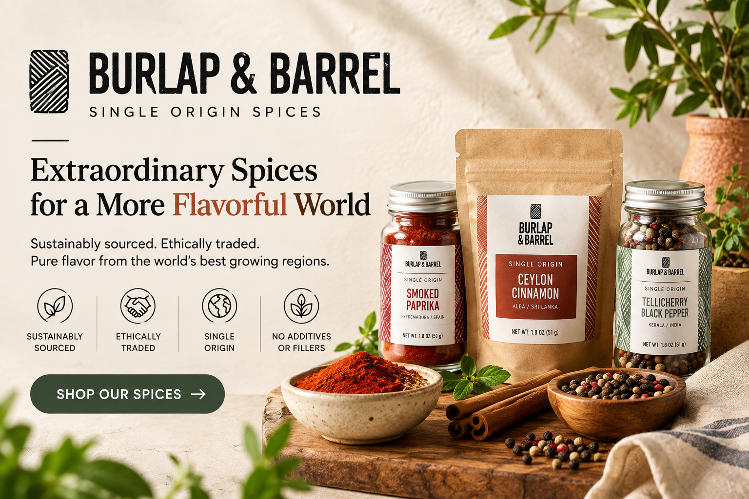 Burlap & Barrel gourmet spice store featuring single-origin spices, seasonings, spice blends, herbs, chilis, honey, spice sets, and food gifts.