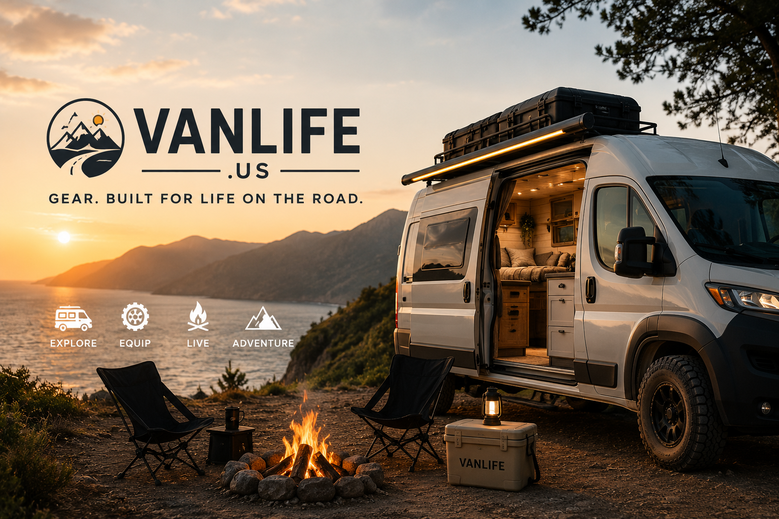 VanLife US online store featuring vanlife-inspired T-shirts, hoodies, hats, stickers, mugs, candles, bags, accessories, and outdoor lifestyle merchandise.