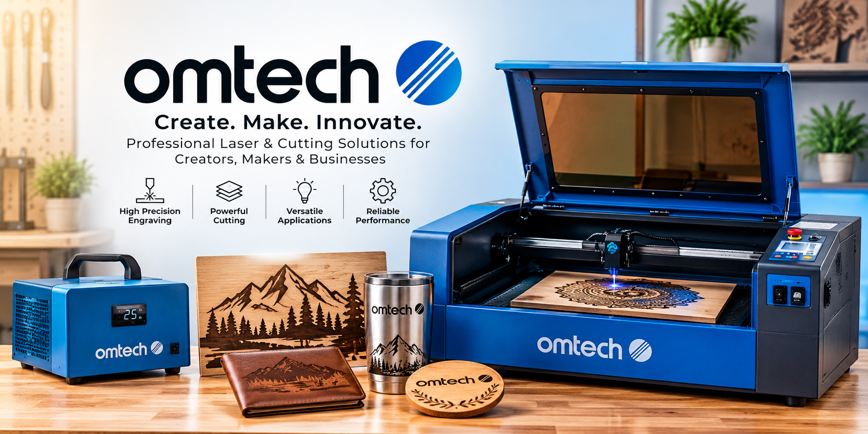 OMTech online store featuring CO2 laser engravers, laser cutters, fiber lasers, UV printers, DTF printers, embroidery machines, accessories, and workshop equipment.