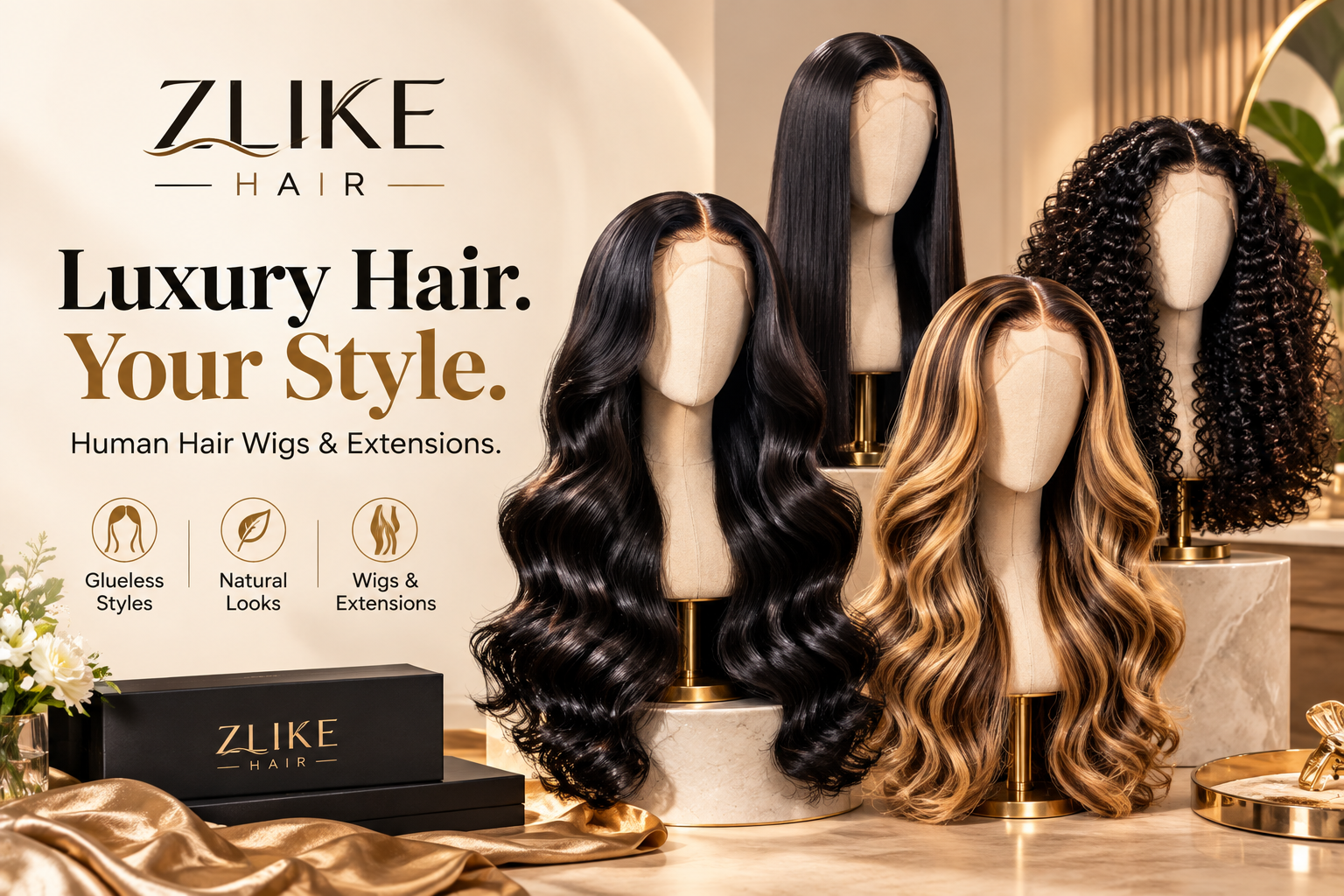 Zlike Hair human hair wig collection featuring lace-front, glueless, 360 lace, colored, bob, curly, wavy, and straight hairstyles.