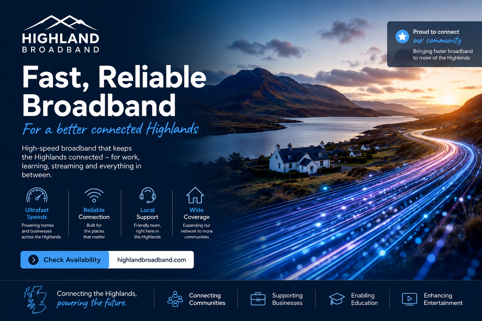 Highland Broadband full fibre internet service featuring ultrafast broadband plans, whole-home WiFi solutions, gigabit connectivity, and reliable home internet for communities across Scotland.