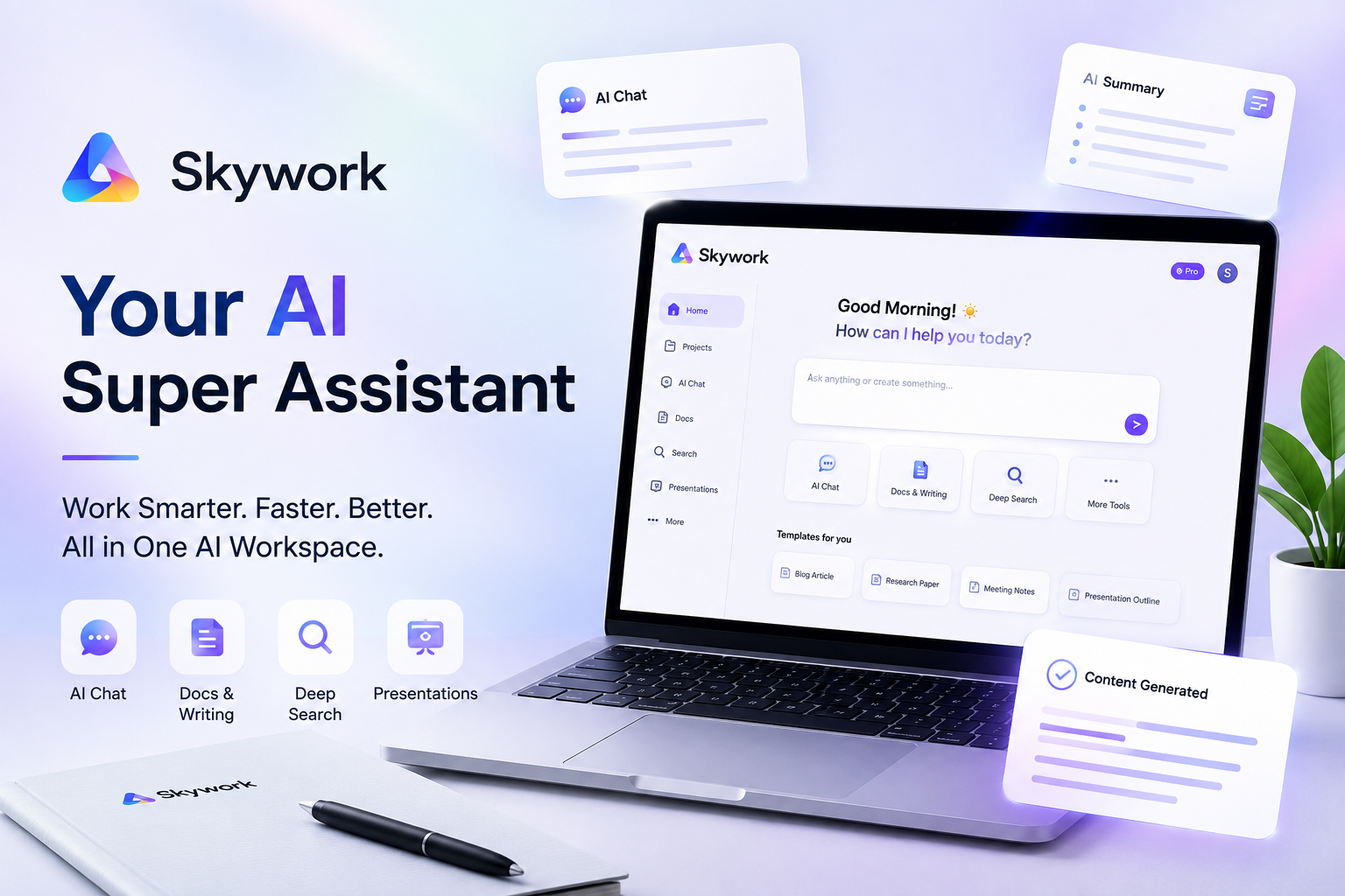 Skywork AI workspace featuring AI-powered research, documents, presentations, spreadsheets, content creation, and productivity tools.