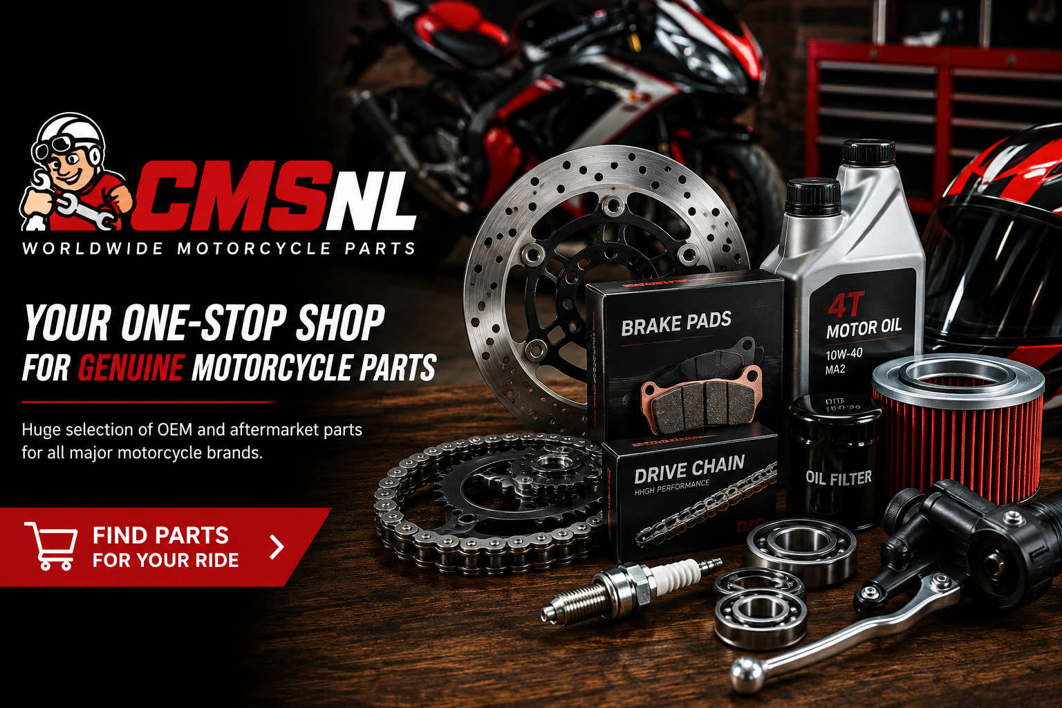 CMSNL online motorcycle parts store featuring genuine OEM replacement parts, aftermarket components, accessories, and technical parts diagrams for Honda, Yamaha, Suzuki, Kawasaki, BMW, KTM, Ducati, and other motorcycle brands.