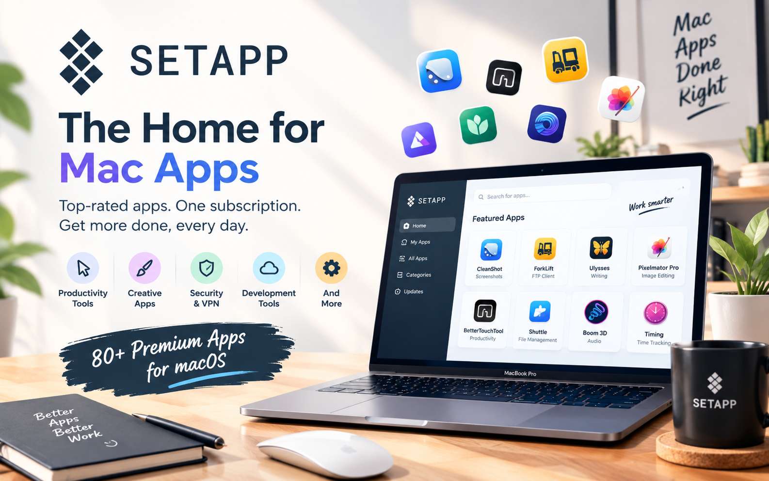 Setapp software subscription platform featuring Mac, iOS, and web apps for productivity, AI, creativity, development, and everyday tasks.