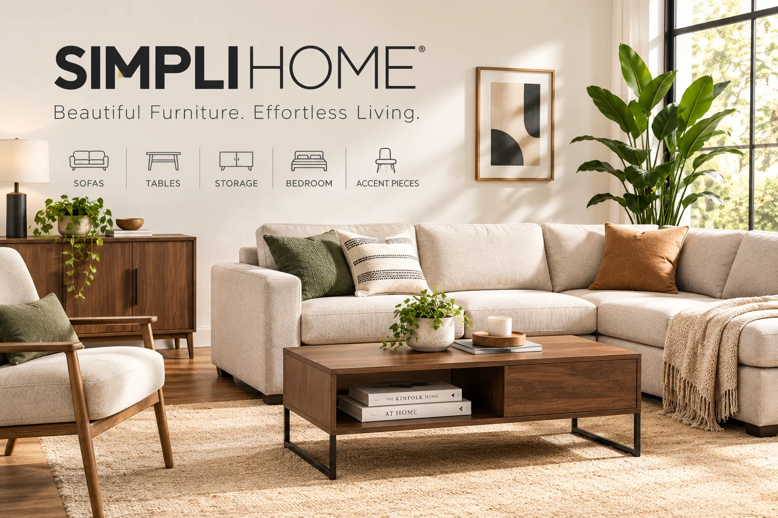 Simpli Home furniture collection featuring sofas, tables, storage cabinets, dining furniture, bedroom pieces, office furniture, and modern home furnishings.