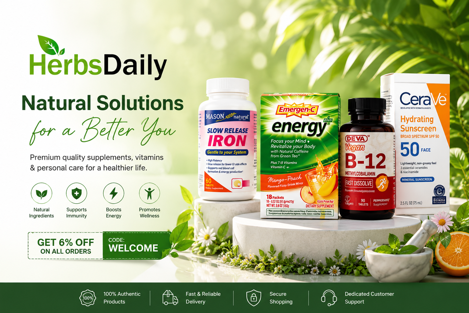 HerbsDaily online health store featuring herbal supplements, vitamins, minerals, nutritional products, sports nutrition, skincare, and natural wellness essentials from leading brands