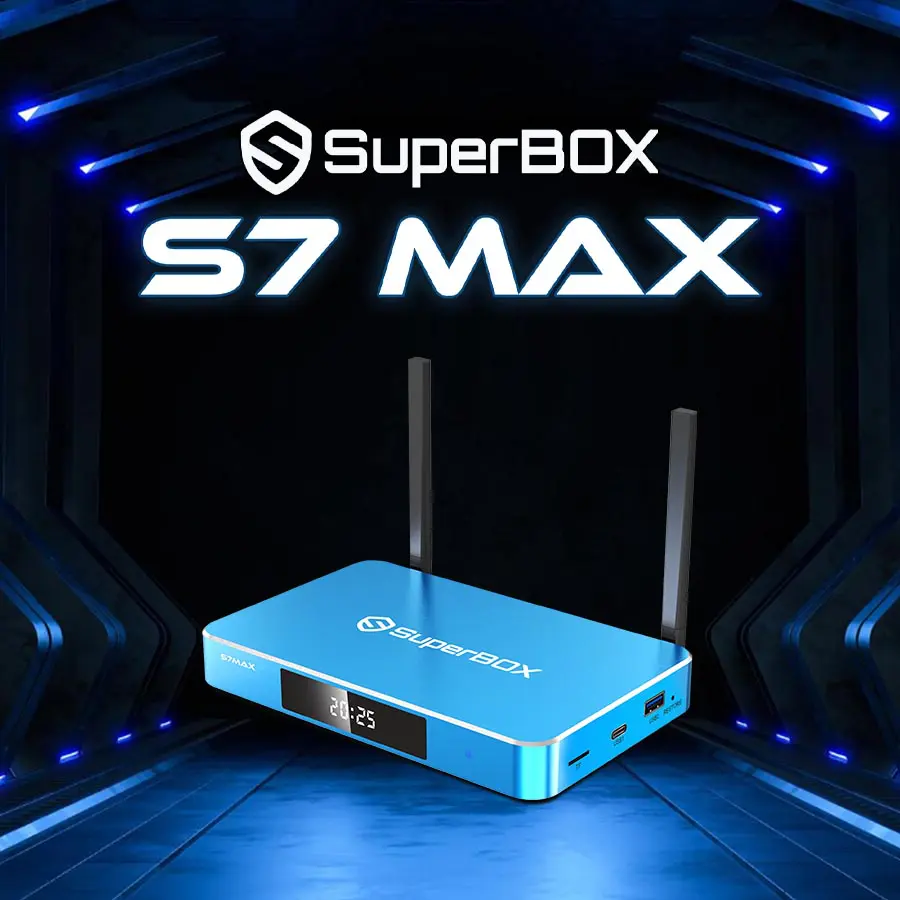 SuperBox Android TV box collection featuring S5, S6, and S7 series streaming devices with voice remotes and home entertainment accessories.