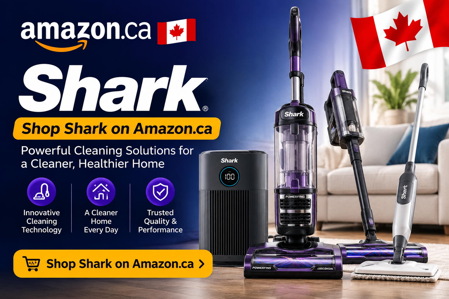 Shark Canada online store featuring vacuums, floor cleaners, air purifiers, hair styling tools, skincare devices, and home cleaning products.