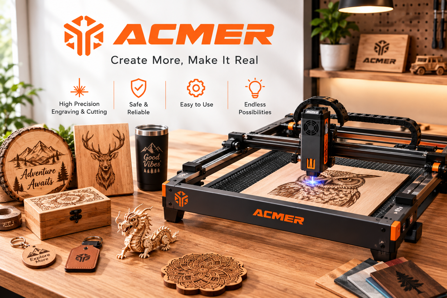 ACMER laser engravers, laser cutting machines, CNC routers, fiber laser marking equipment, and engraving accessories featured on a coupon and deals website.