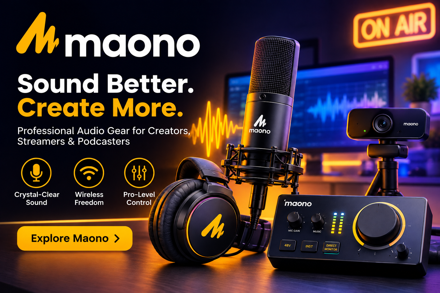 MAONO audio equipment including microphones, audio interfaces, mixers, headphones, podcasting gear, gaming microphones, and content-creation accessories.