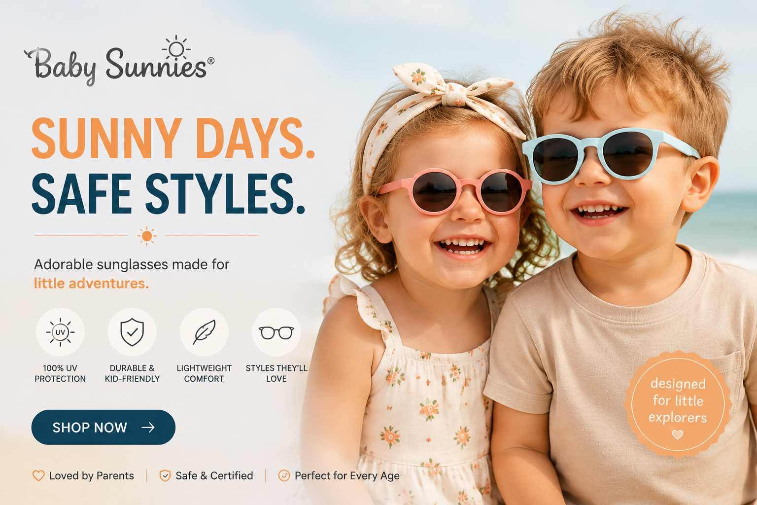 Baby wearing Baby Sunnies polarized UV400 sunglasses with a flexible silicone frame and adjustable strap for safe outdoor adventures.  You're on the free plan